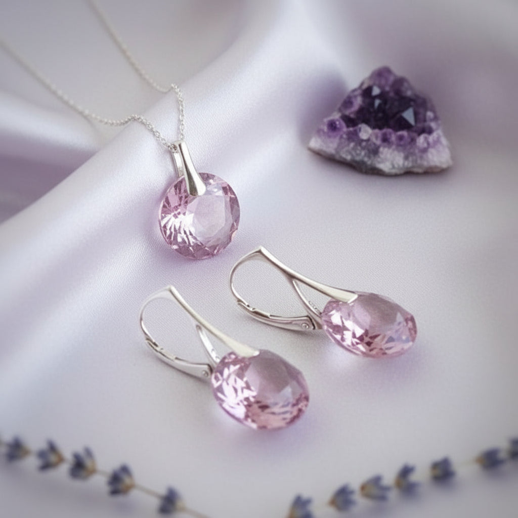 June birthstone jewellery set for Gemini, featuring Light Amethyst crystal pendant and matching earrings in sterling silver by Magpie Gems