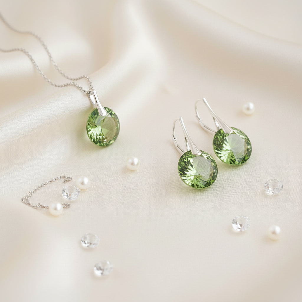 Peridot jewellery set featuring a pendant and matching drop earrings with sterling silver hooks, August birthstone set for women - Personalised Silver Jewellery Ireland by Magpie Gems