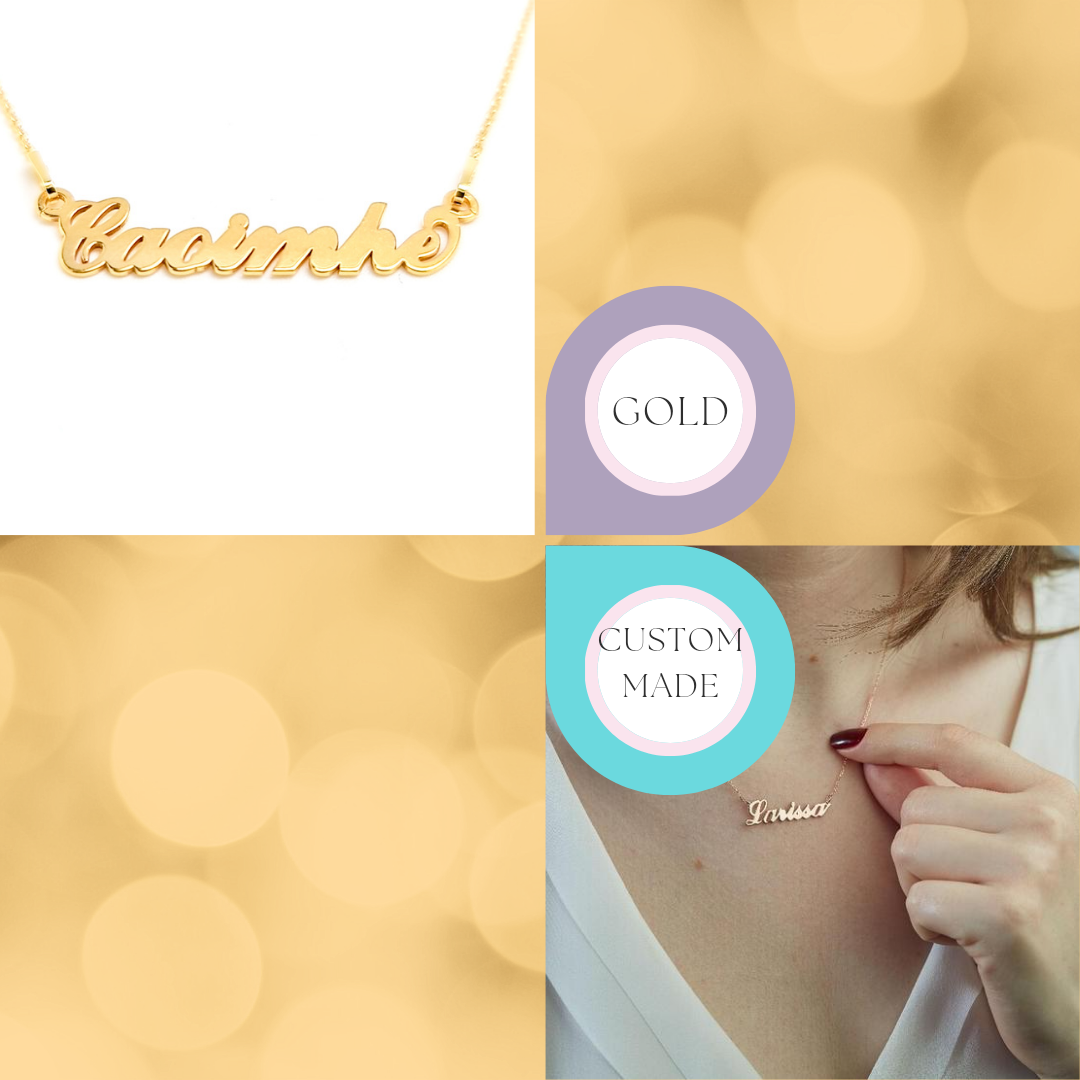 A photo collage featuring two images of Magpie Gems' personalized name necklaces made in nickel-free sterling silver. The first image shows a gold plated name necklace, and the second image shows a woman proudly wearing a custom-made rose gold name necklace by Magpie Gems, crafted with care in Ireland.