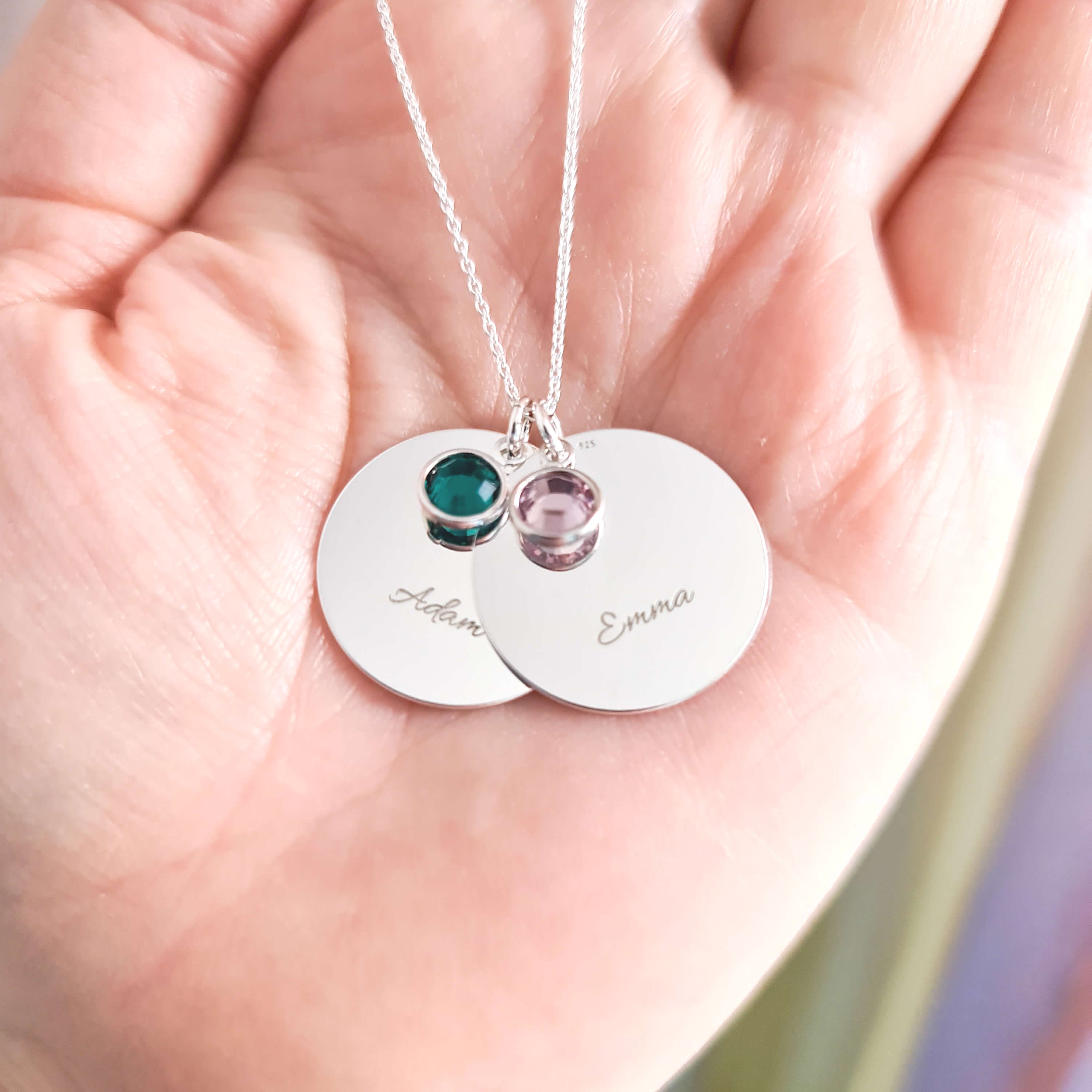 Silver necklace with children names and birthstones from Ireland