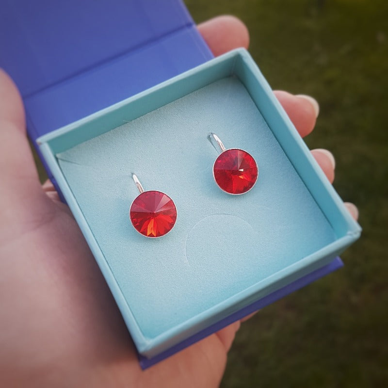 Luxurious Light Siam Red Rivoli Crystal Earrings in Sterling Silver from Magpie Gems