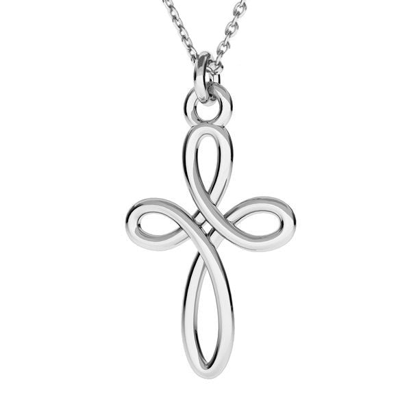 Exquisite Irish Infinity Cross necklace in sterling silver, featuring intricately intertwined Celtic knots symbolising eternal life and boundless love, handcrafted in Castletownroche, County Cork, Ireland.