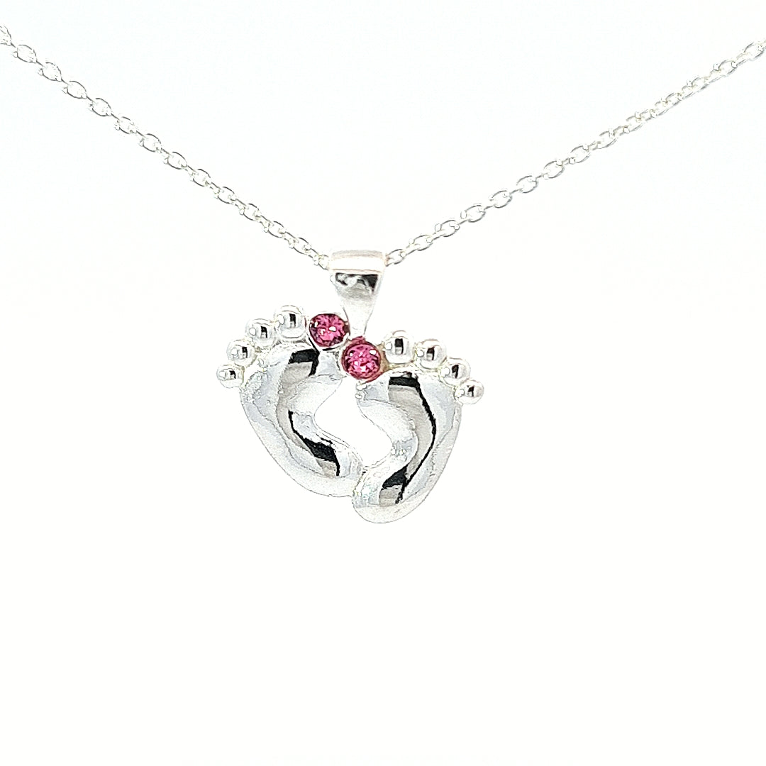 Darling Little Baby Feet Silver Necklace with Crystals