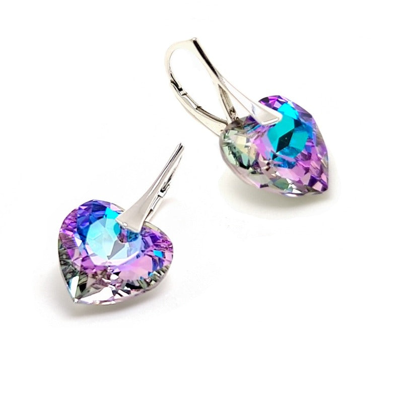 Multicoloured Vitrail light vl heart earrings in 925 sterling silver, shop in Ireland earrings with 14mm crystals and 925 sterling silver leverbackin gift box, dangle and drop earrings made in Ireland.