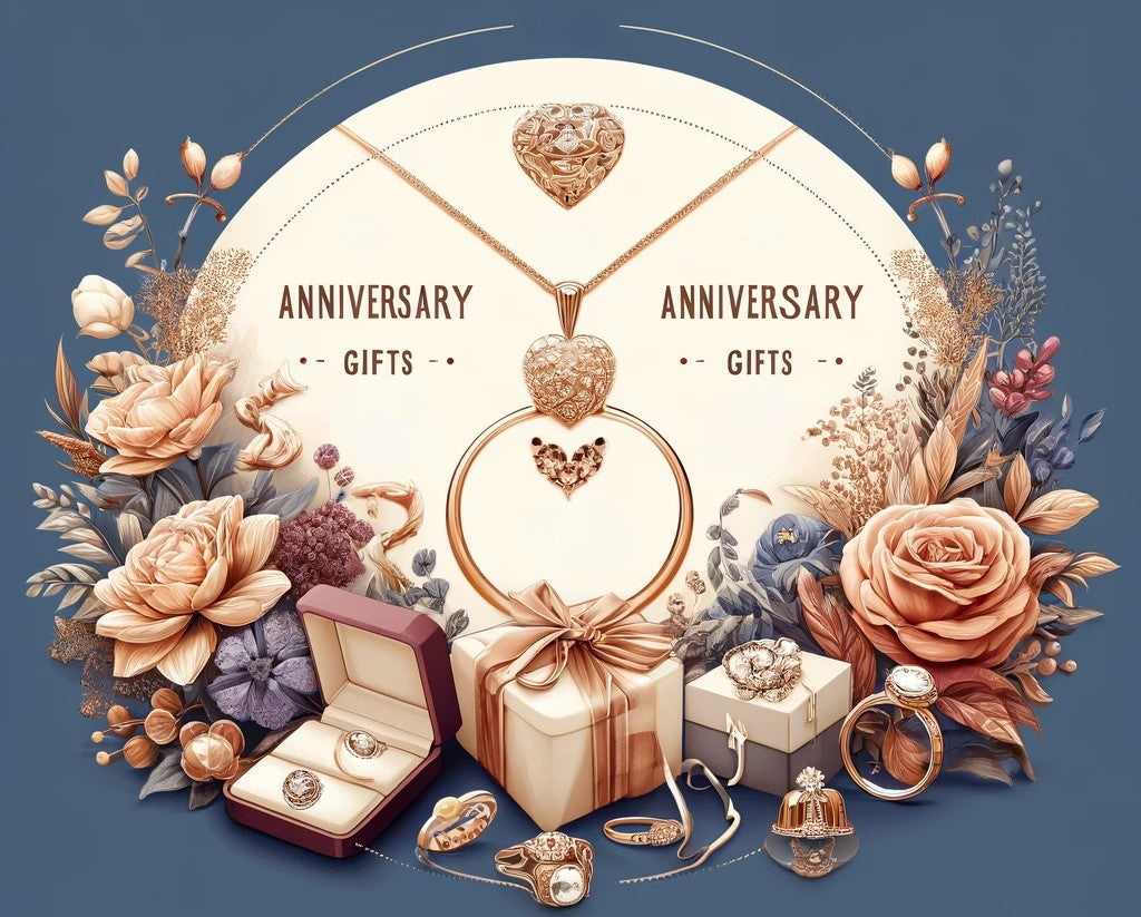 A beautiful and elegant image showcasing anniversary gifts for each milestone, featuring unique and meaningful jewellery pieces such as necklaces, bracelets, rings, and earrings.