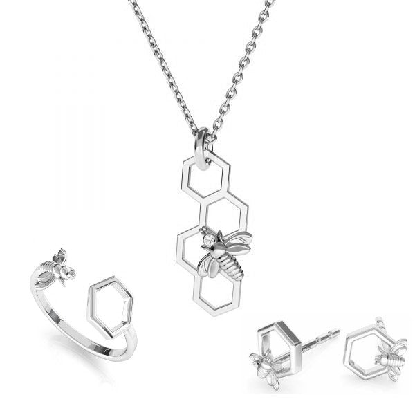 Honeycomb Chic: Bee-Themed Silver Jewellery Bee Honeycomb Silver Jewelery Set | Nature Pendant | Made in Ireland