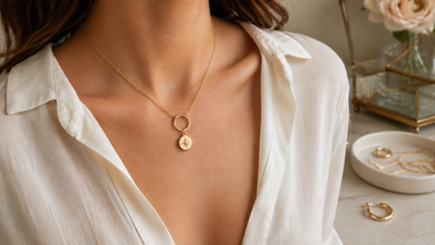 Woman wearing a DIY Y necklace created with a chain, hoop earring and simple pendant, showing a clever jewellery hack for styling versatile pieces.