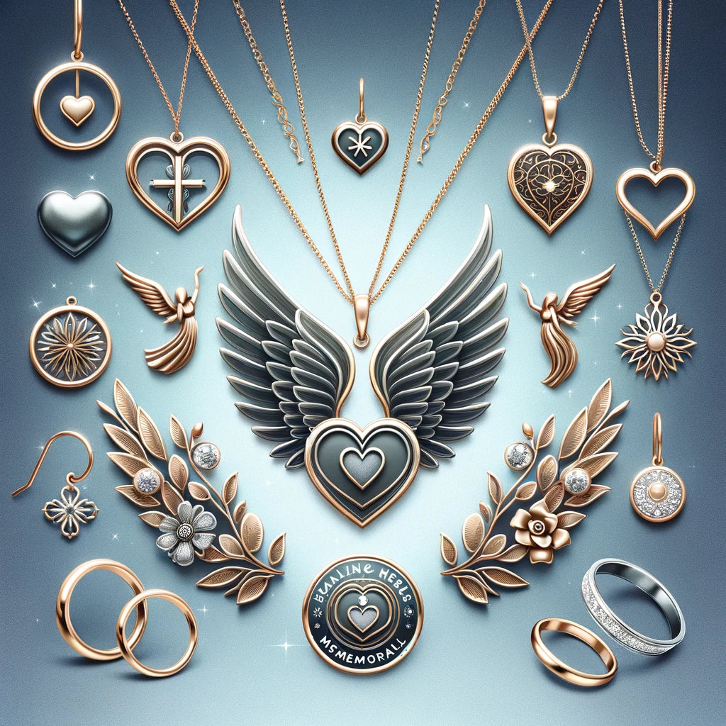 Healing and memorial jewellery by Magpie Gems featuring symbols of hearts, wings, and angels.