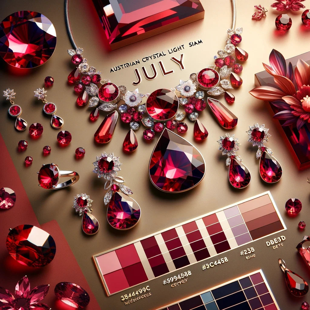 July Birthstone Jewellery by Magpie Gems featuring Austrian Crystal Light Siam, Ruby Crystal, and Scarlet Red Crystal stones.