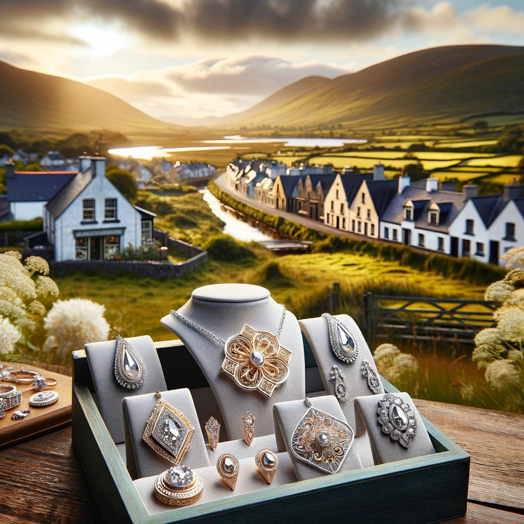 A display of handcrafted silver jewellery by Magpie Gems a premier jeweller in Ireland, featuring 24k gold plating and Austrian crystals, set against the backdrop of a picturesque village in County Cork, Ireland, symbolizing authentic Irish craftsmanship.