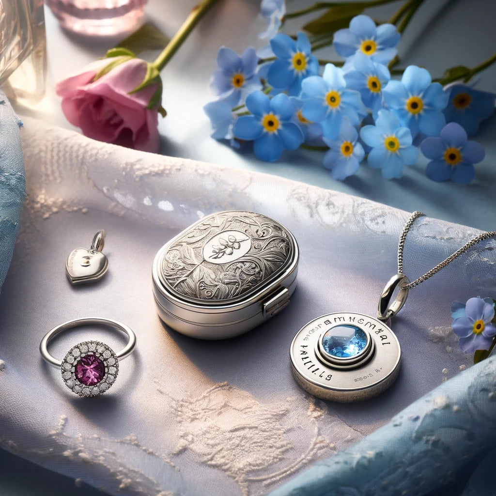 An elegant display of Magpie Gems' remembrance jewellery on a fabric backdrop with forget-me-not flowers