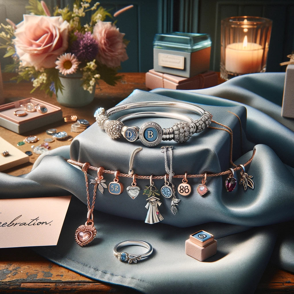 Artistic display of Magpie Gems jewellery including a graduation charm bracelet, anniversary ring, and birthstone necklace, arranged on a vintage table with brand colors blue, pink, and turquoise highlighted.
