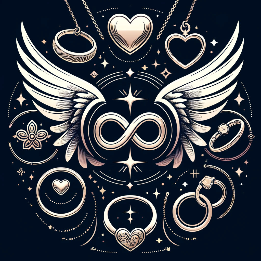 A stylish and meaningful image showcasing popular jewellery symbols, including hearts, infinity symbols, and angel wings.