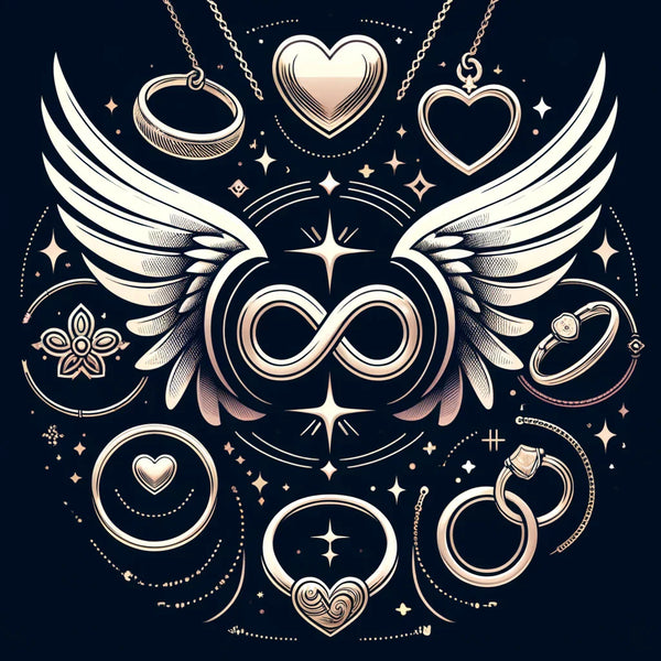 A stylish and meaningful image showcasing popular jewellery symbols, including hearts, infinity symbols, and angel wings.