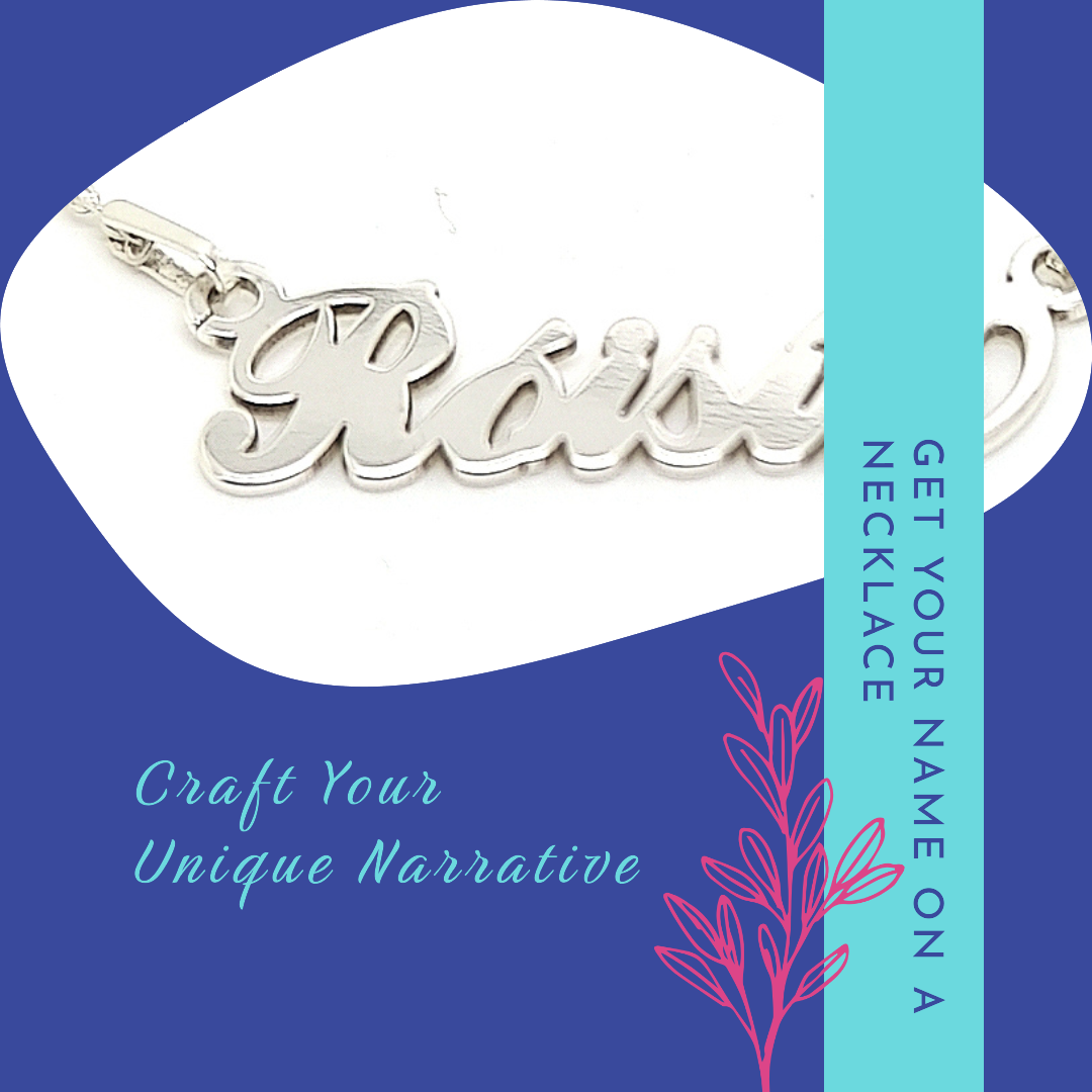 Close-up of a sterling silver personalized name necklace from Magpie Gems with the name 'Roisin' in elegant cursive script, hanging gracefully on a delicate silver chain.