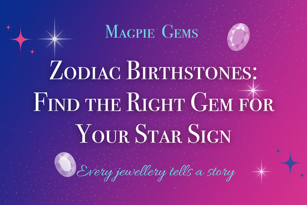 Magpie Gems blog header on zodiac birthstones with tagline Every jewellery tells a story, blue-pink gradient background.