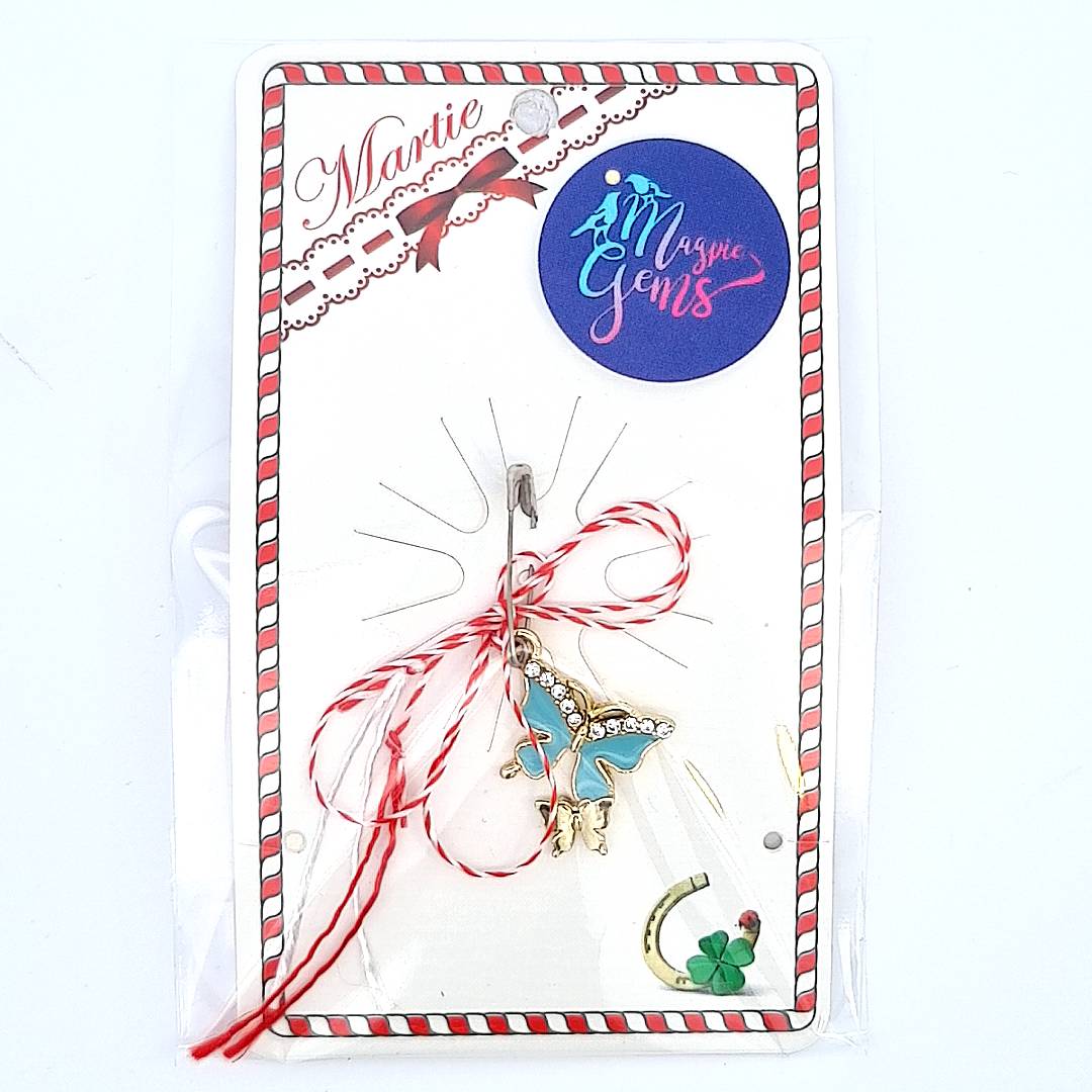Packaged 'Fluttering Wishes' butterfly Martisor charms, elegantly presented in a clear bag with a storytelling card.
