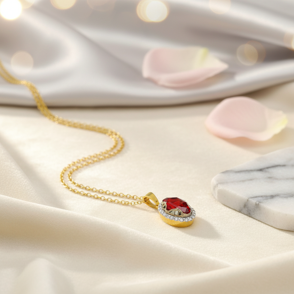 24k gold-plated sterling silver necklace with an oval red crystal pendant displayed on satin fabric, luxury handcrafted jewellery by Magpie Gems.