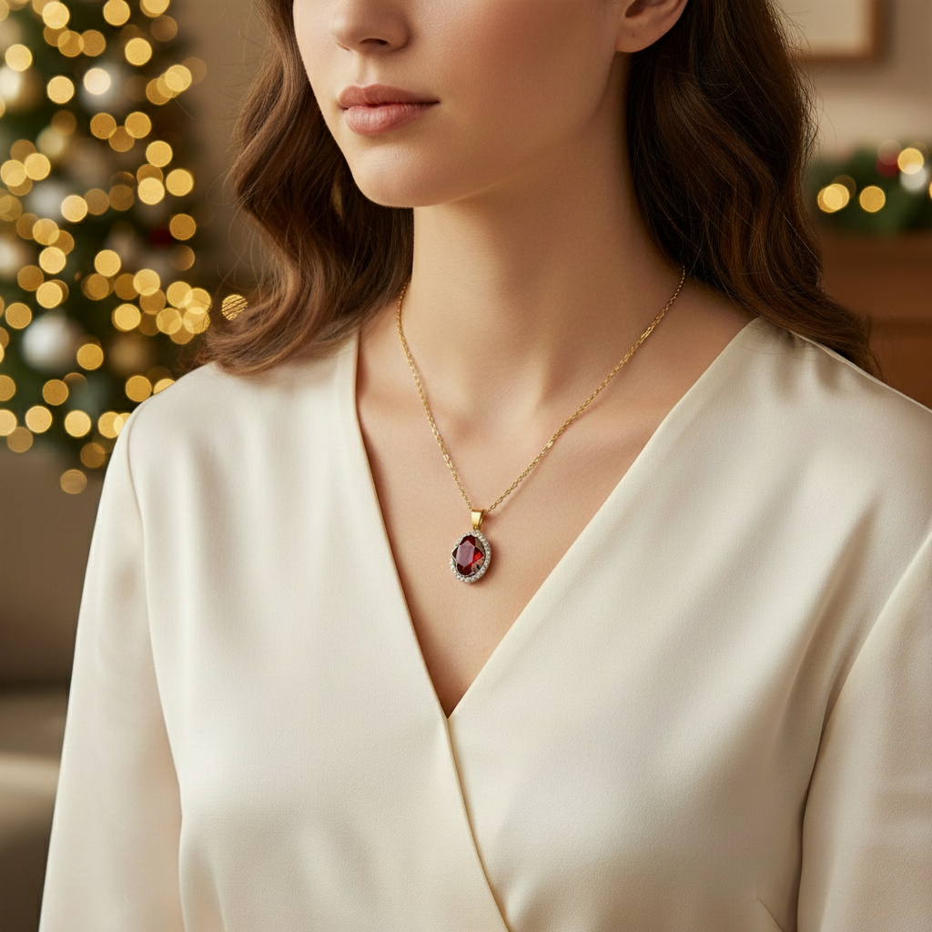 Woman wearing a 24k gold-plated sterling silver necklace with an oval red crystal pendant, photographed with a Christmas tree in the background, handcrafted by Magpie Gems in Ireland.