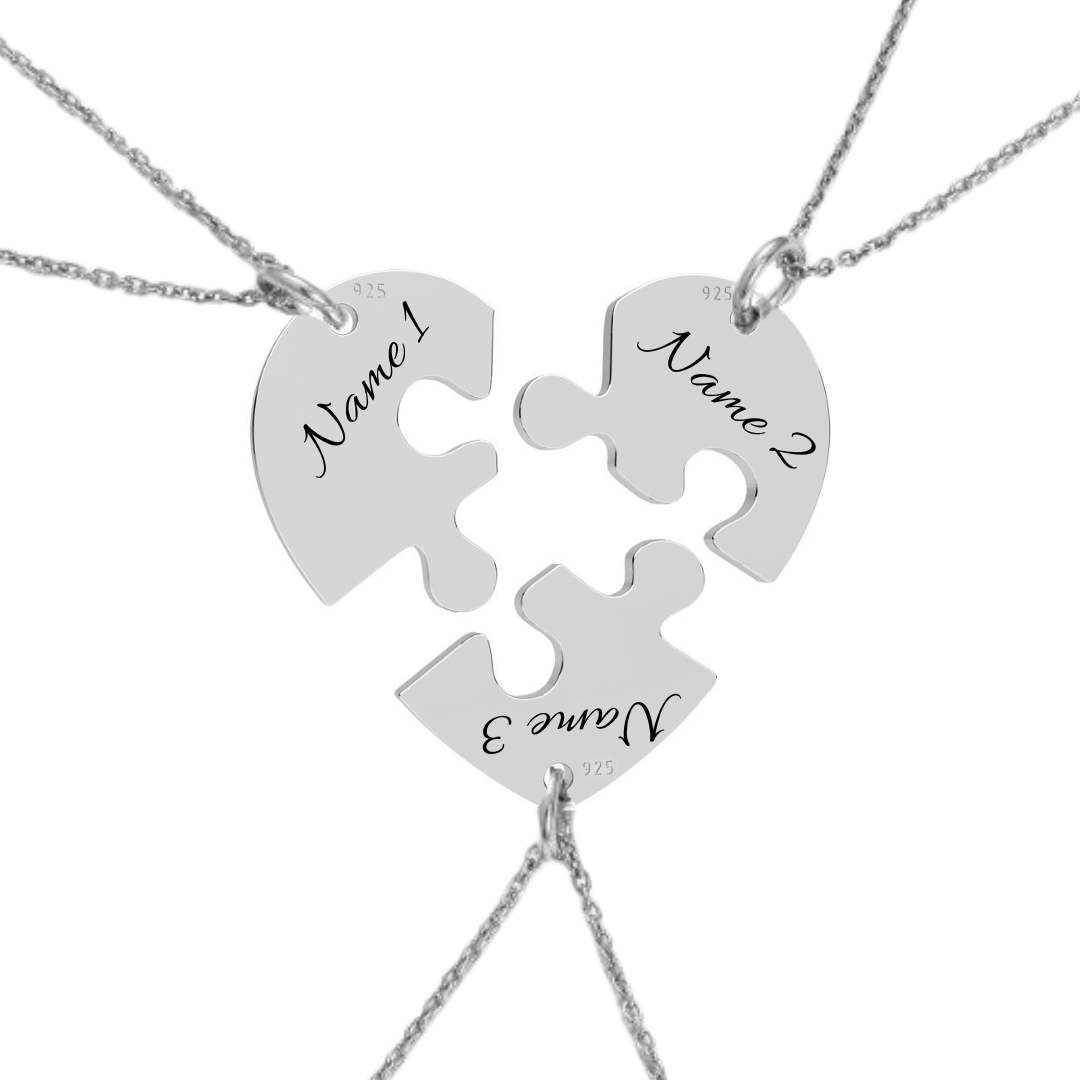 Personalised Puzzle Heart Necklace – Gold or Silver – Family Names Engraved Gift