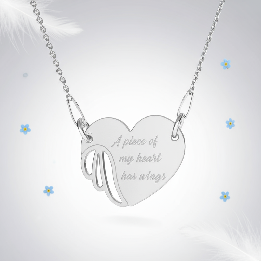 Winged Heart Memorial Necklace in Sterling Silver Engraved with 'A piece of my heart has wings'