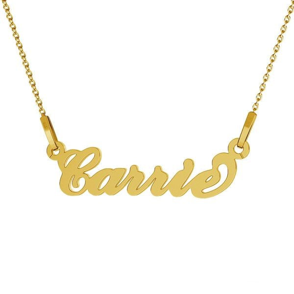 Carrie - My Silver Name Necklace in 24k Gold Plated Sterling Silver - Close-up of Personalised Pendant