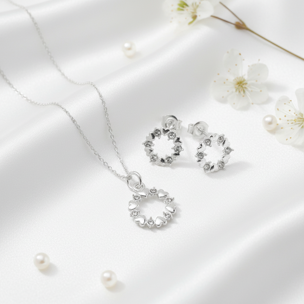 Rosette Circular Jewelley Set with Hearts and Crystals in Silver