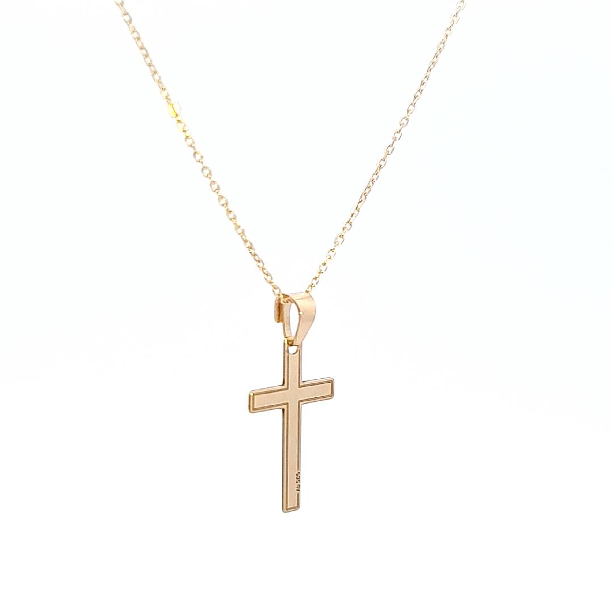 Faith's 14k Gold Cross Necklace - Side view highlighting the slender profile of the 0.30mm thick gold cross pendant