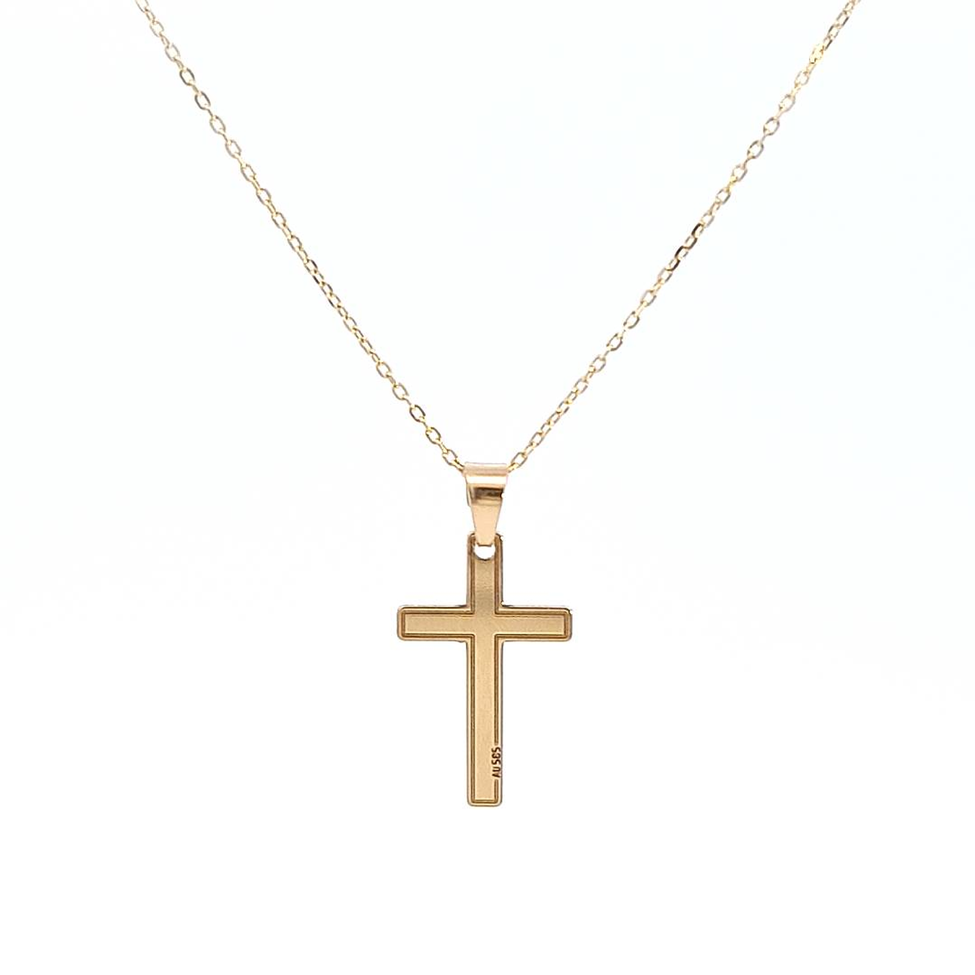 Faith's 14k Gold Cross Necklace - Front view showing the delicate 15mm height cross pendant in solid gold marked 585