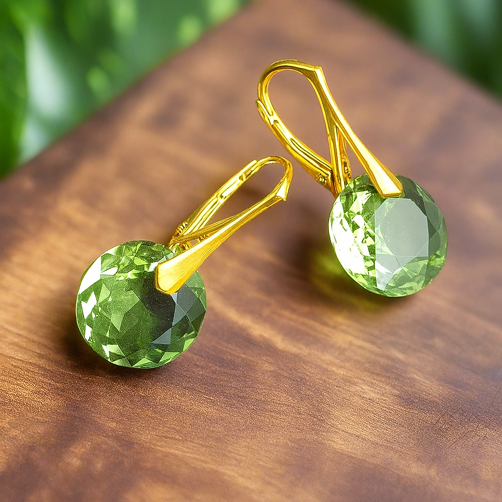 Gold Drop Earrings with Peridot Green Round Birthstone Crystals in Sterling Silver, Made in Ireland by Magpie Gems