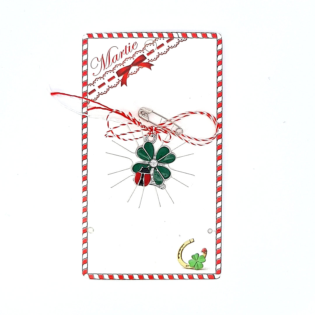 Lucky Clover with Ladybug Martisor on Gift Card with Educational Story about MArtisor on the back, available in English or Romanian