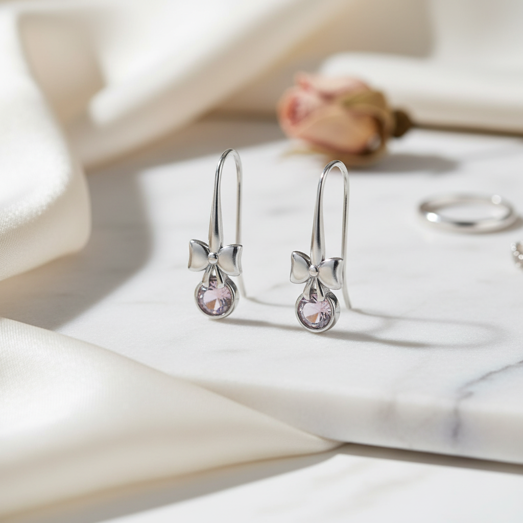 Silver Bow and Birthstone Drop Earrings