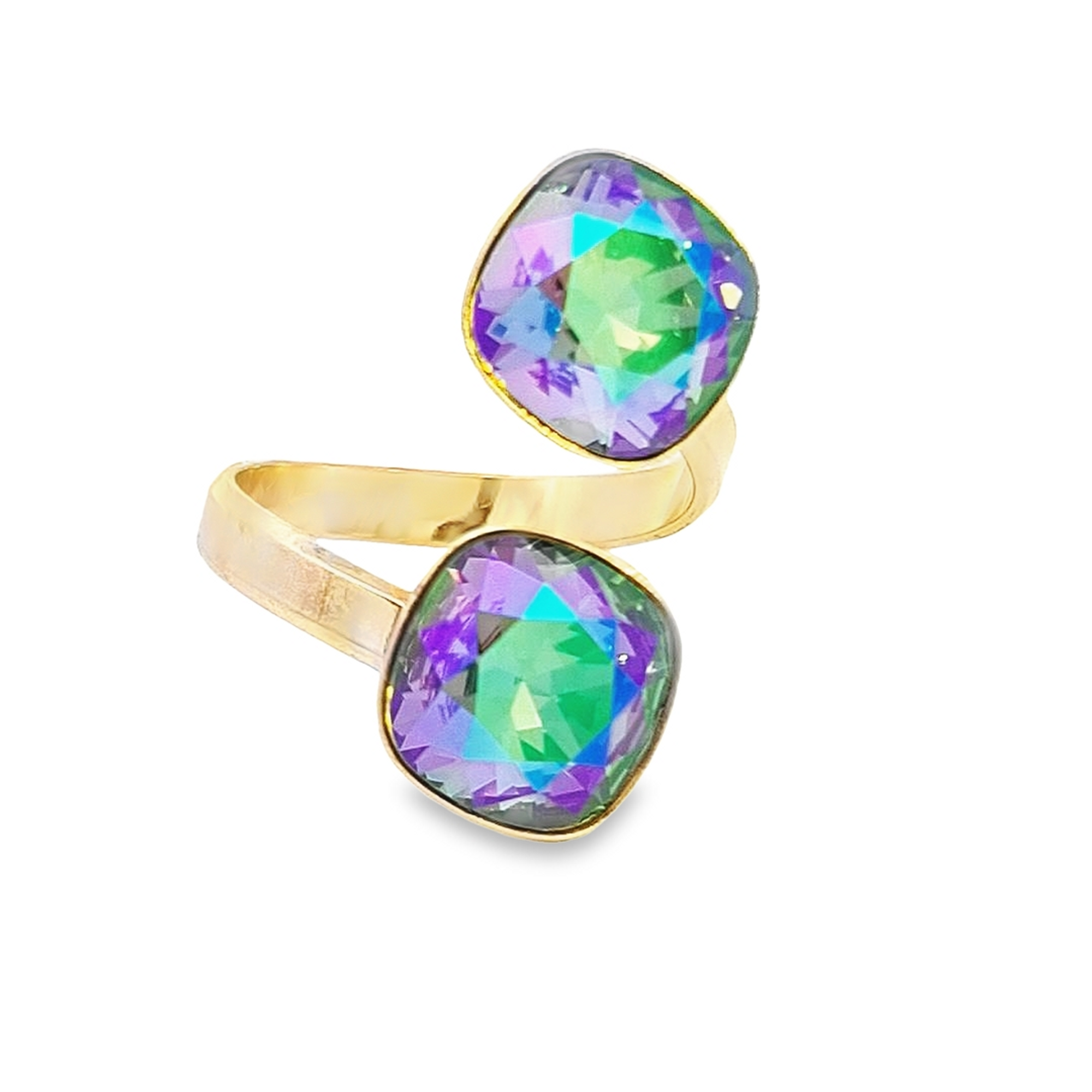 Elegant Lumière Haven Ring with 24k Gold Plating and Paradise Shine Cushion Crystals, Front View - Magpie Gems Ireland