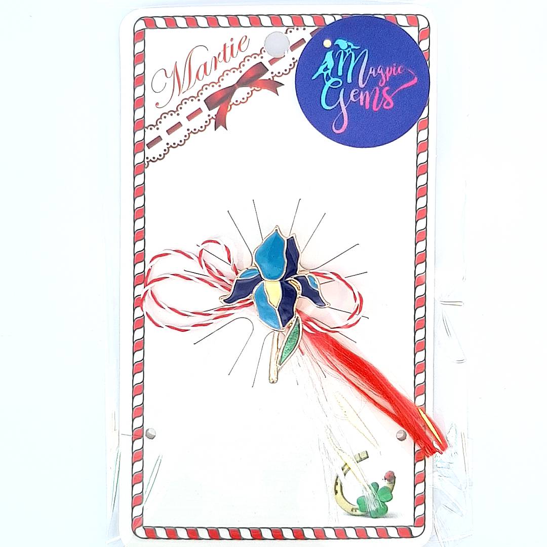 Elegantly packaged 'Blue Iris Enchantment' Martisor brooch, tied with the traditional red and white string, ready to celebrate spring's arrival.