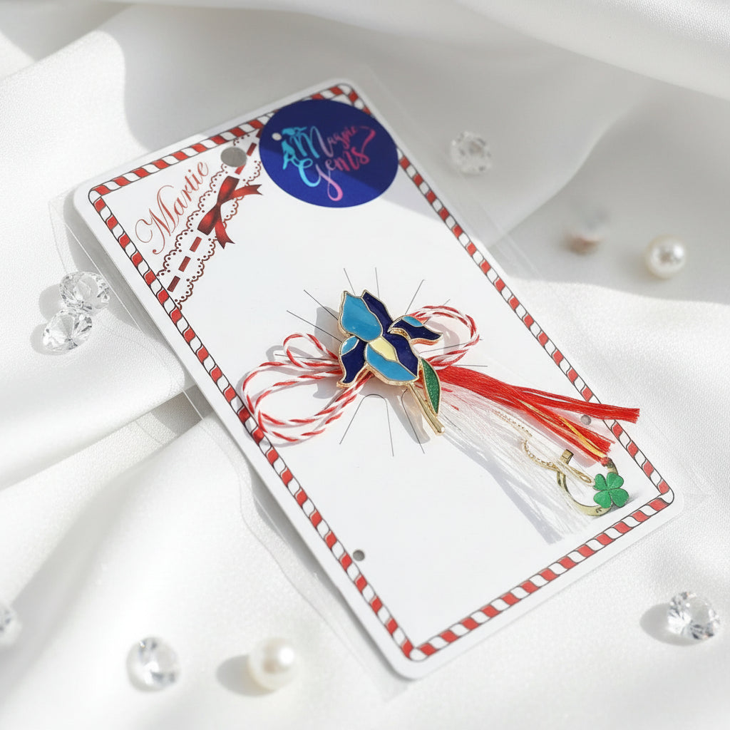 Elegantly packaged 'Blue Iris Enchantment' Martisor brooch, tied with the traditional red and white string, ready to celebrate spring's arrival.