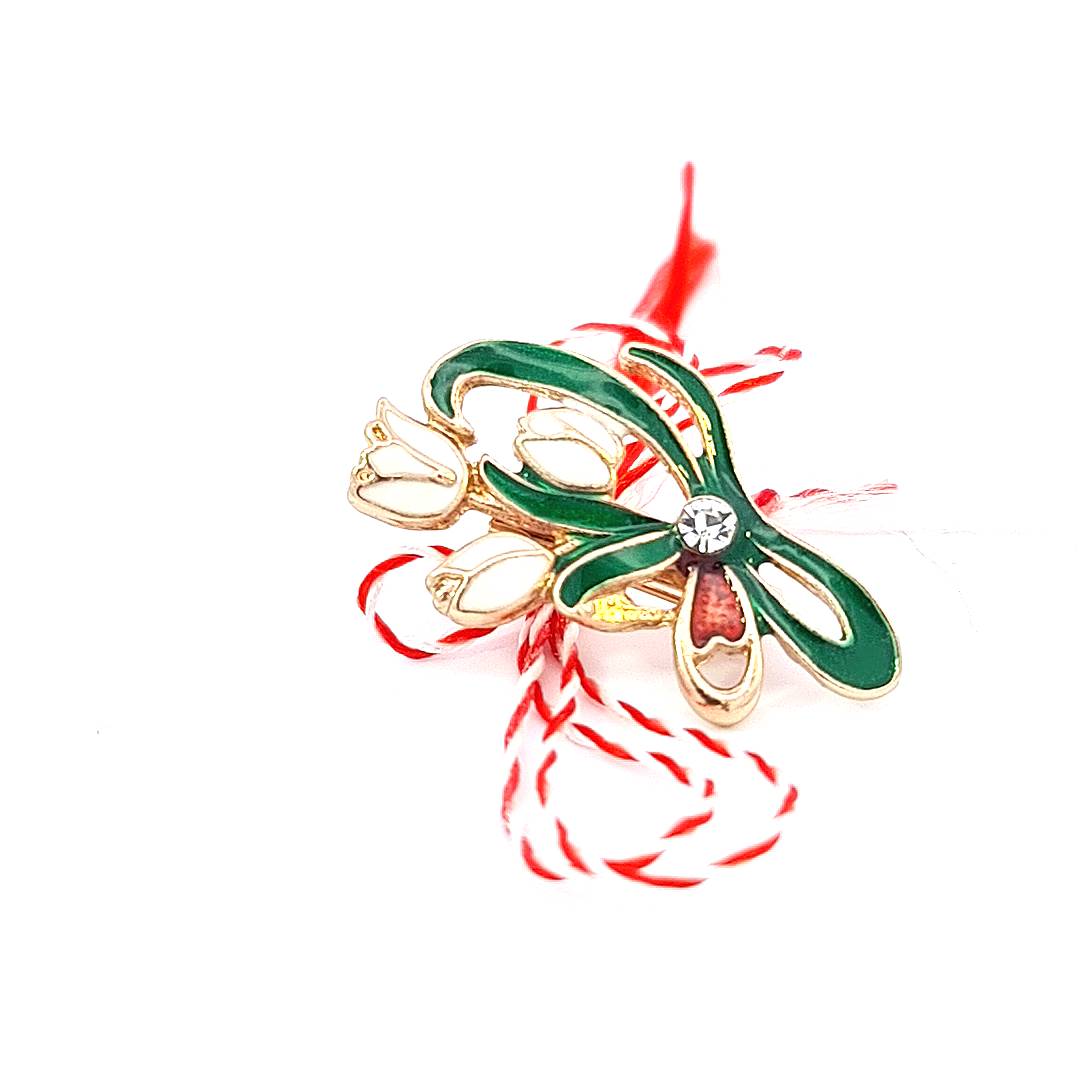 Side view of the Snowdrop Cluster Martisor Brooch, emphasising the three-dimensional design and enamel texture.