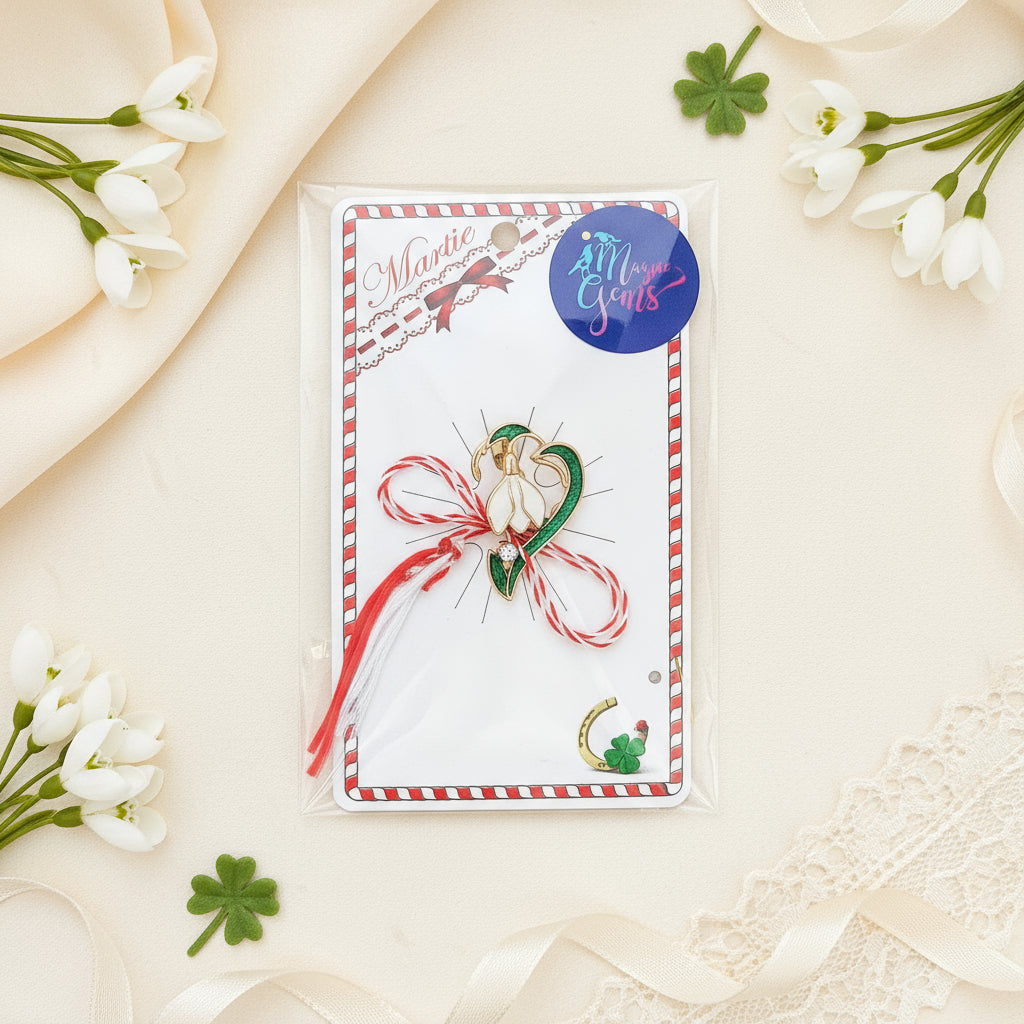 The Solitaire Snowdrop Martisor Brooch presented on a card with the Martisor story, a perfect gift for celebrating tradition and elegance.
