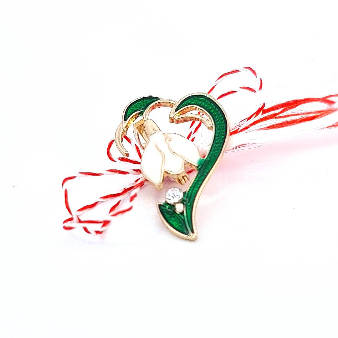 Gold-plated Solitaire Snowdrop Martisor Brooch with enamel and rhinestone detailing, epitomising spring's renewal.