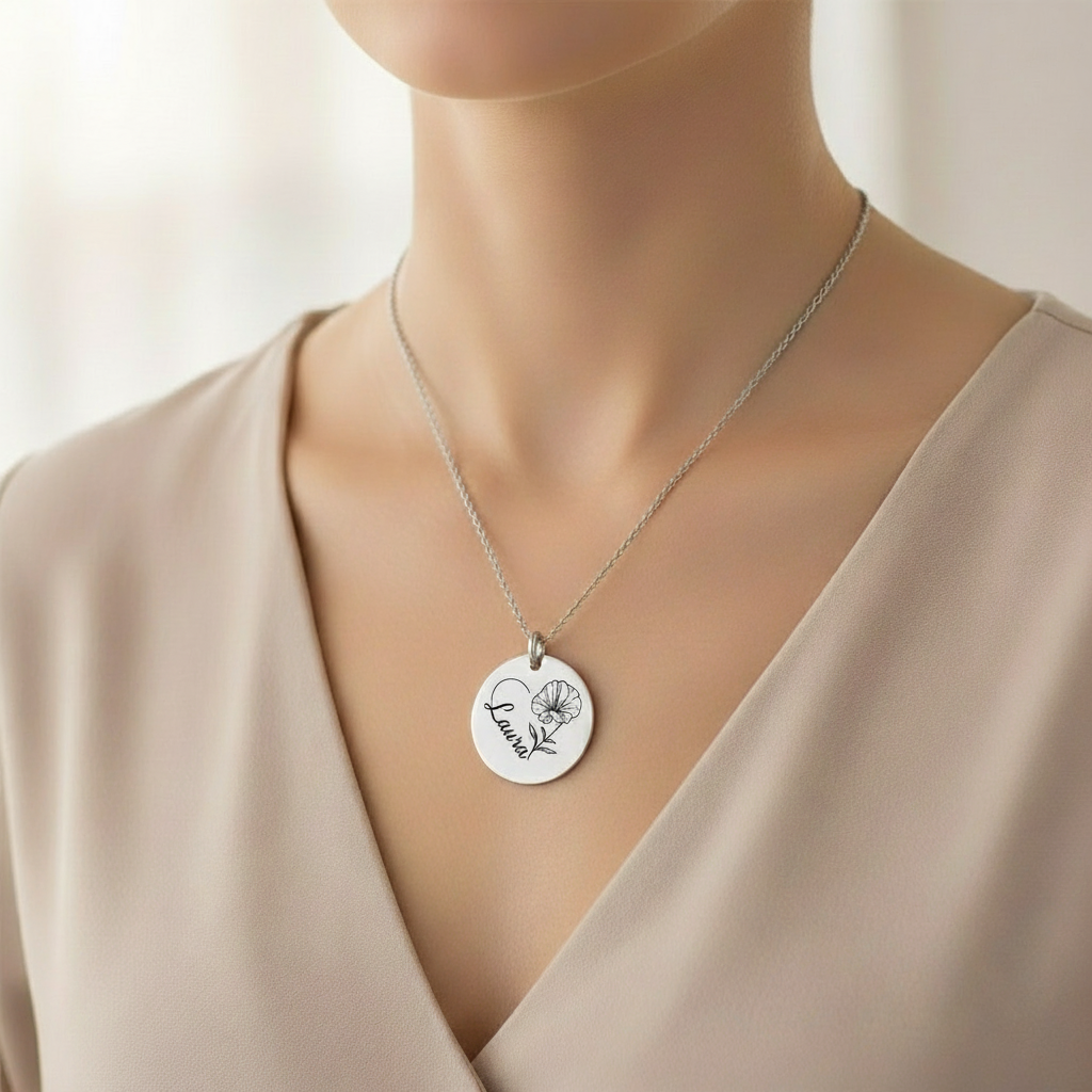 Silver necklace with a round pendant on a mannequin wearing a beige top.