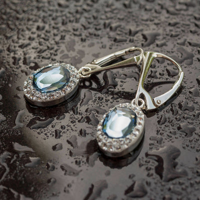 Denim Blue Oval Pave Style silver drop earrings for women, [product type], - Personalised Silver Jewellery Ireland by Magpie Gems