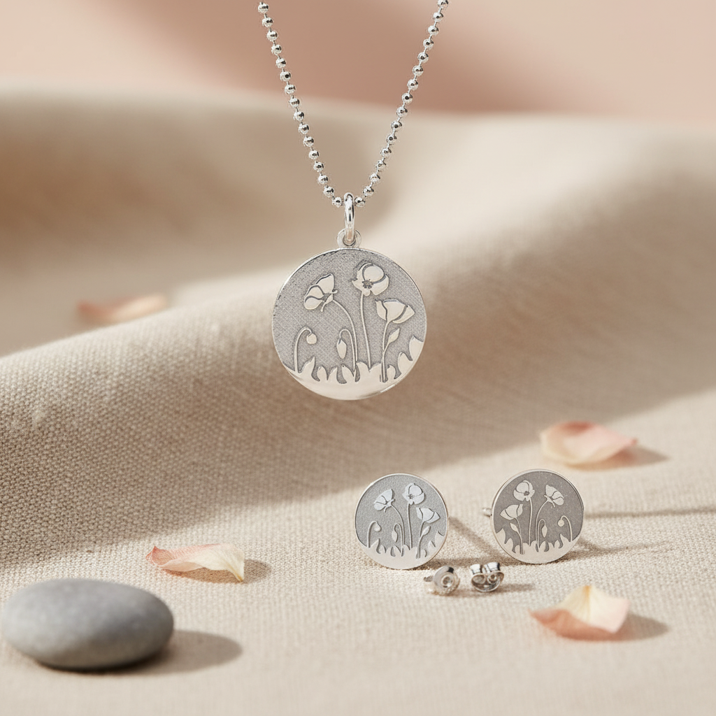 Poppy Engraved Silver Jewellery Set