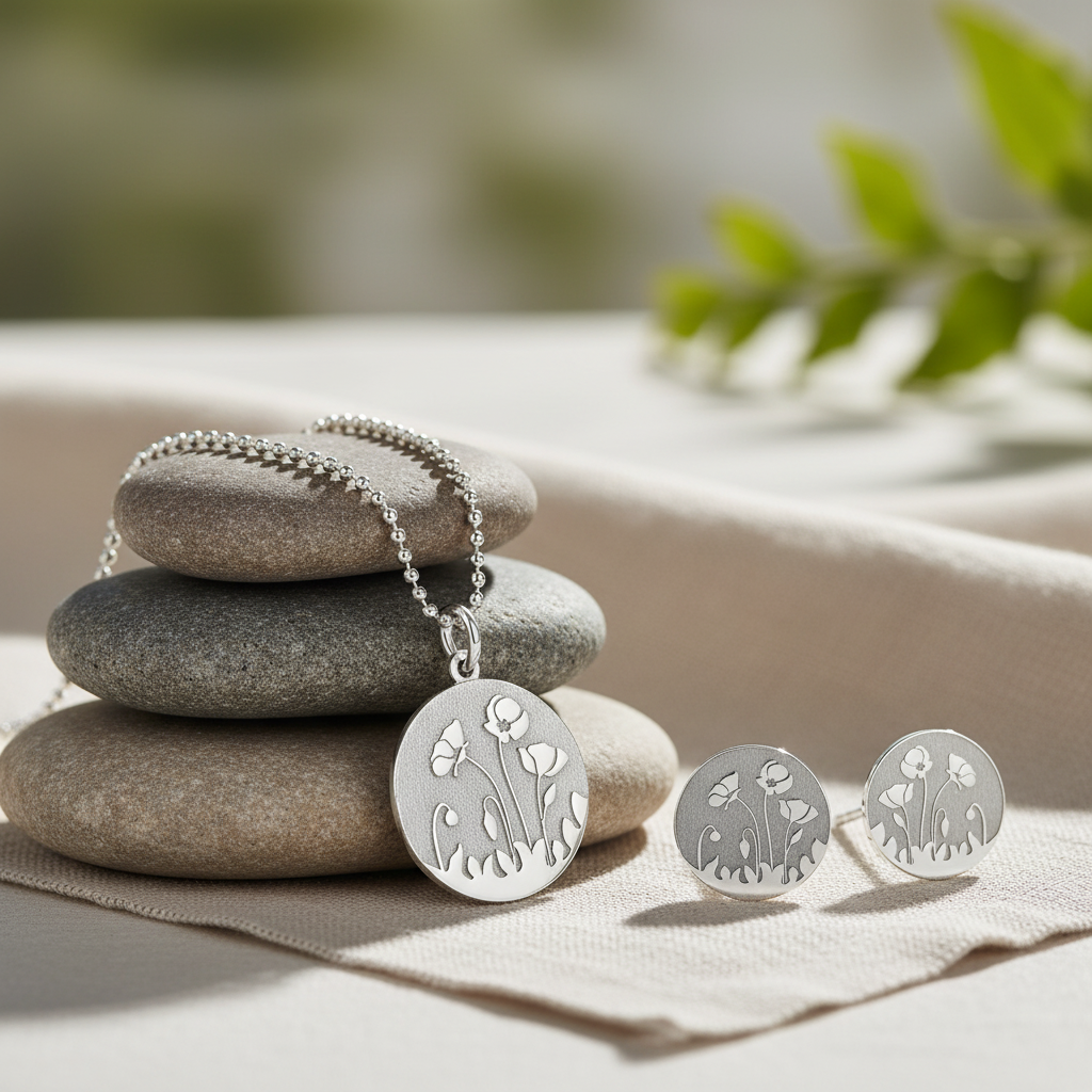 Poppy Engraved Silver Jewellery Set