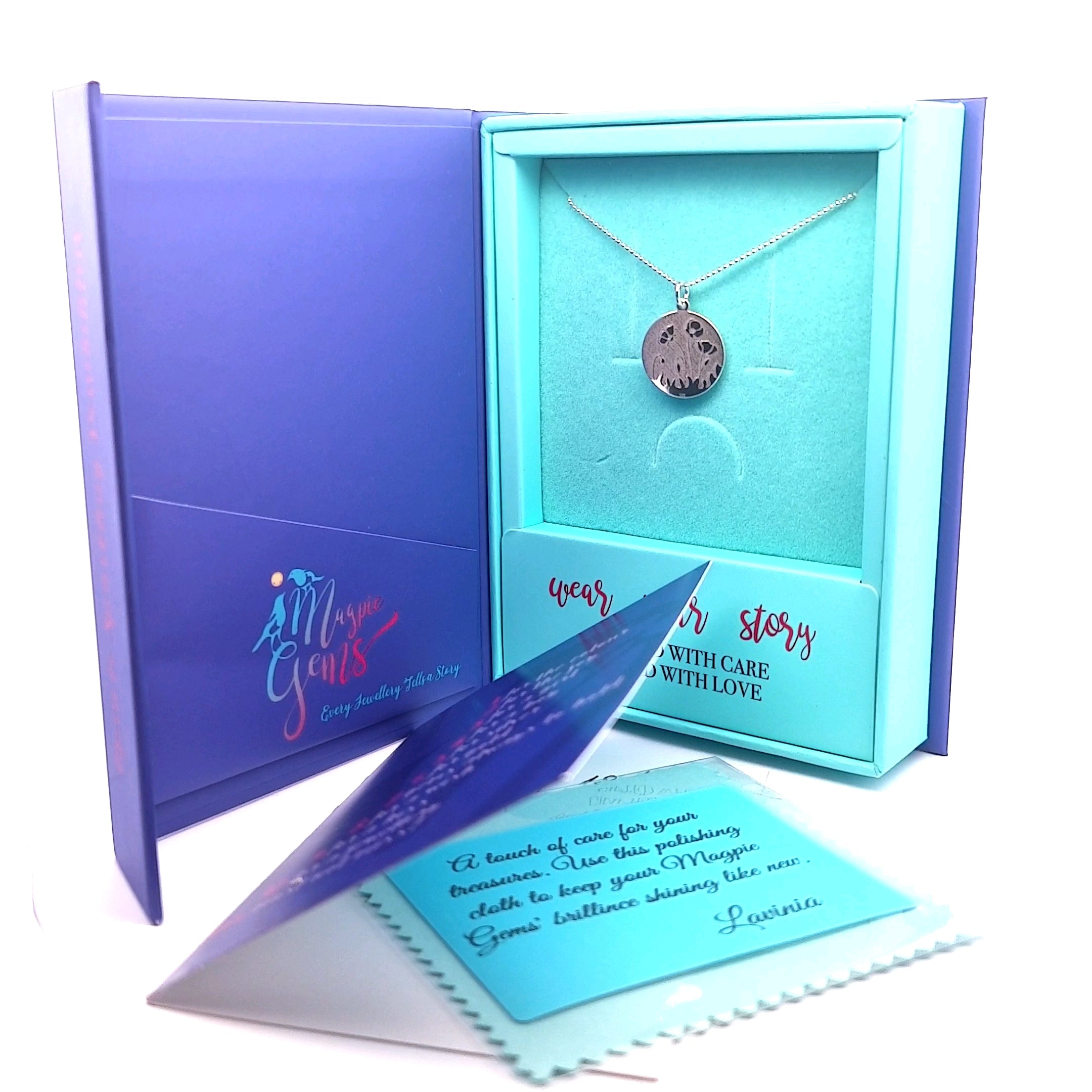 Engraved Poppy Disc Pendant Necklace in Sterling Silver