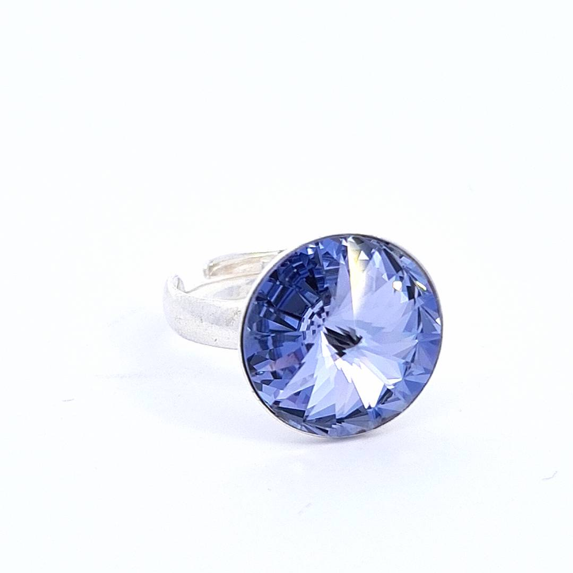 Spectra Solitaire Ring Front View featuring 14mm Round Rivoli Crystal in Sterling Silver - Tanzanite Purple - Magpie Gems Ireland