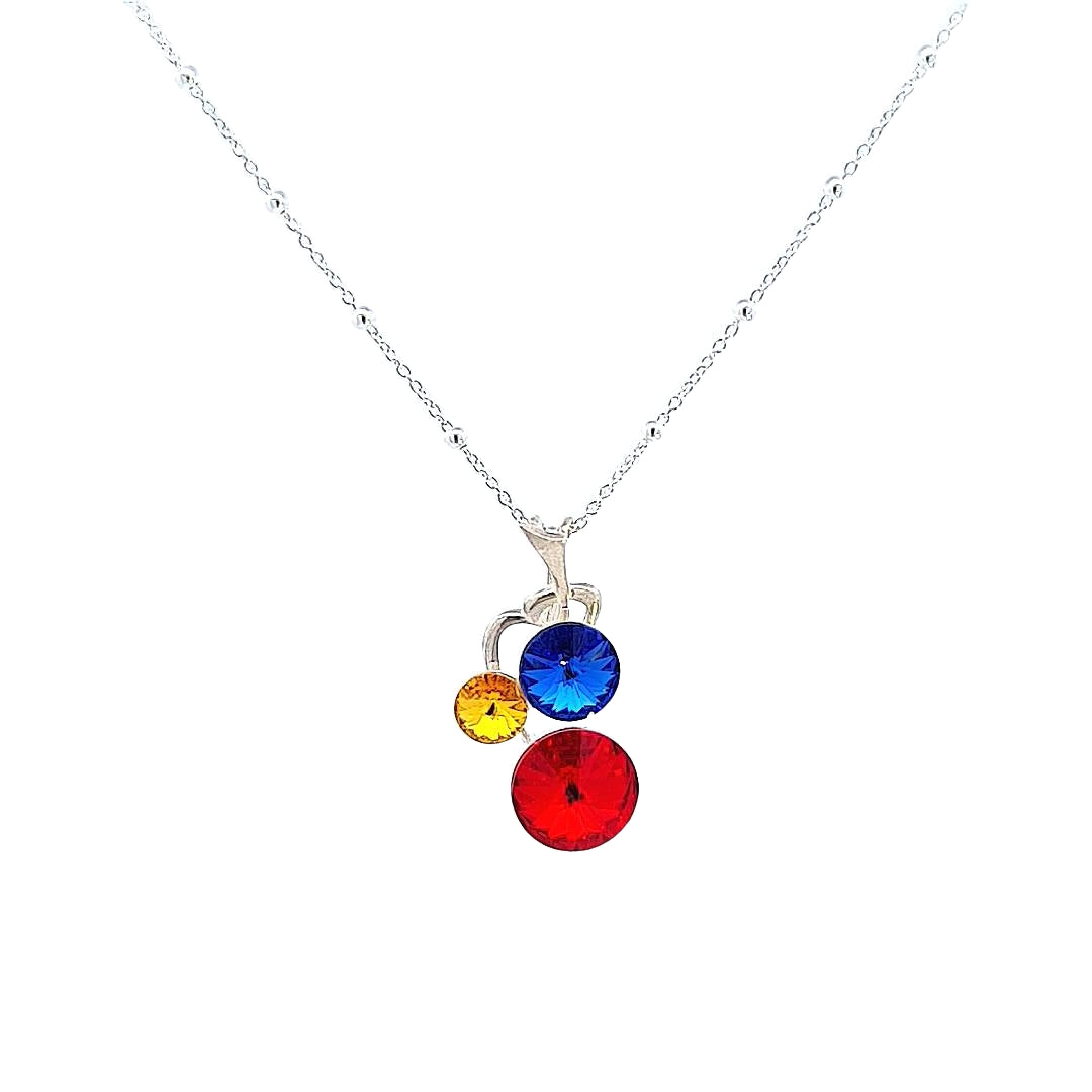 Sterling Silver Pendant Necklace with Romanian Flag Coloured Crystals on White Background