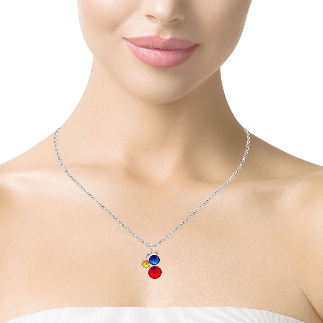 Elegant Woman Adorning Harmony of Heritage Sterling Silver Necklace with Flag Colours of Romania and Moldavia