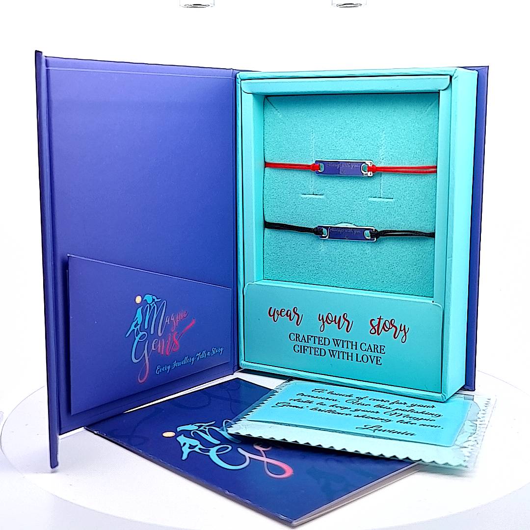 Magpie Gems' signature gift box with Engraved Unity Bracelet Set, jewellery cloth, and message card.