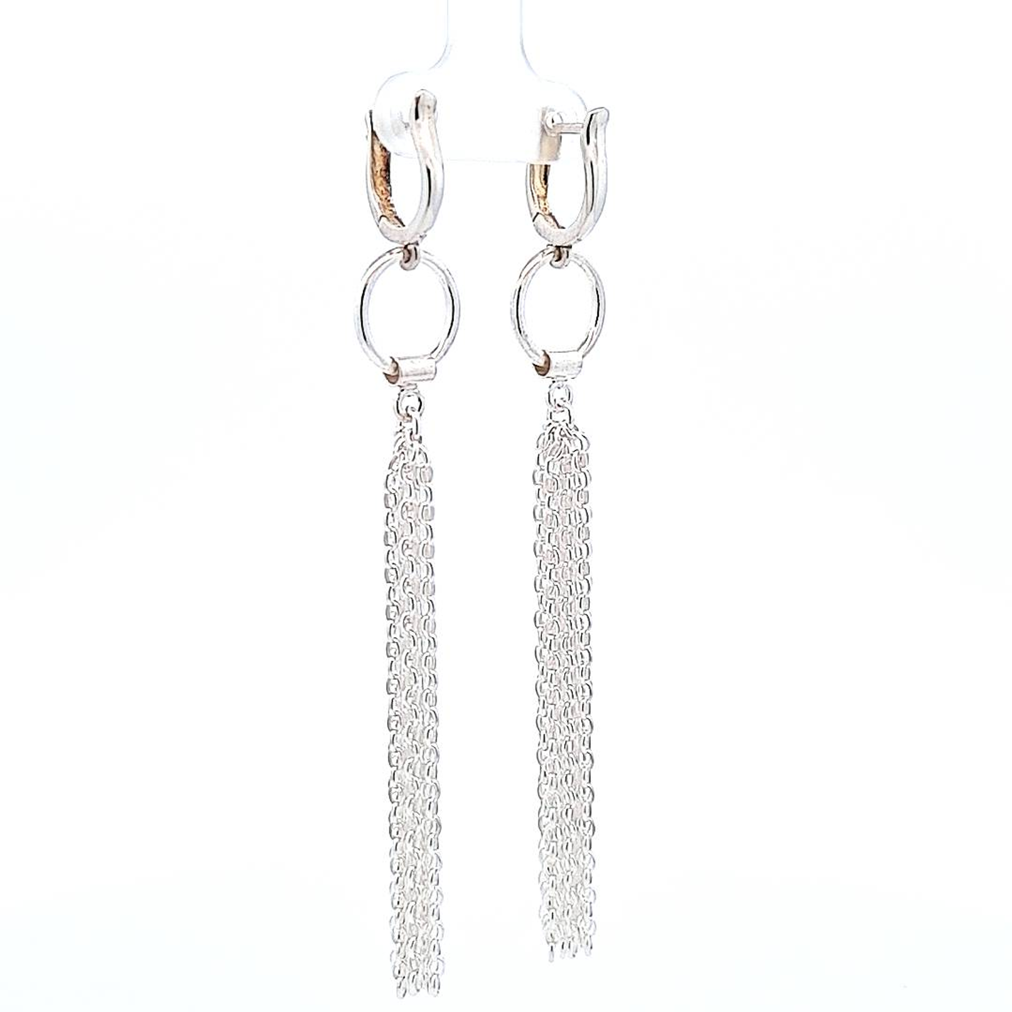 Close-up of the intricate chain work and polished rings on the Silver Waterfall Tassel Earrings from Magpie Gems.