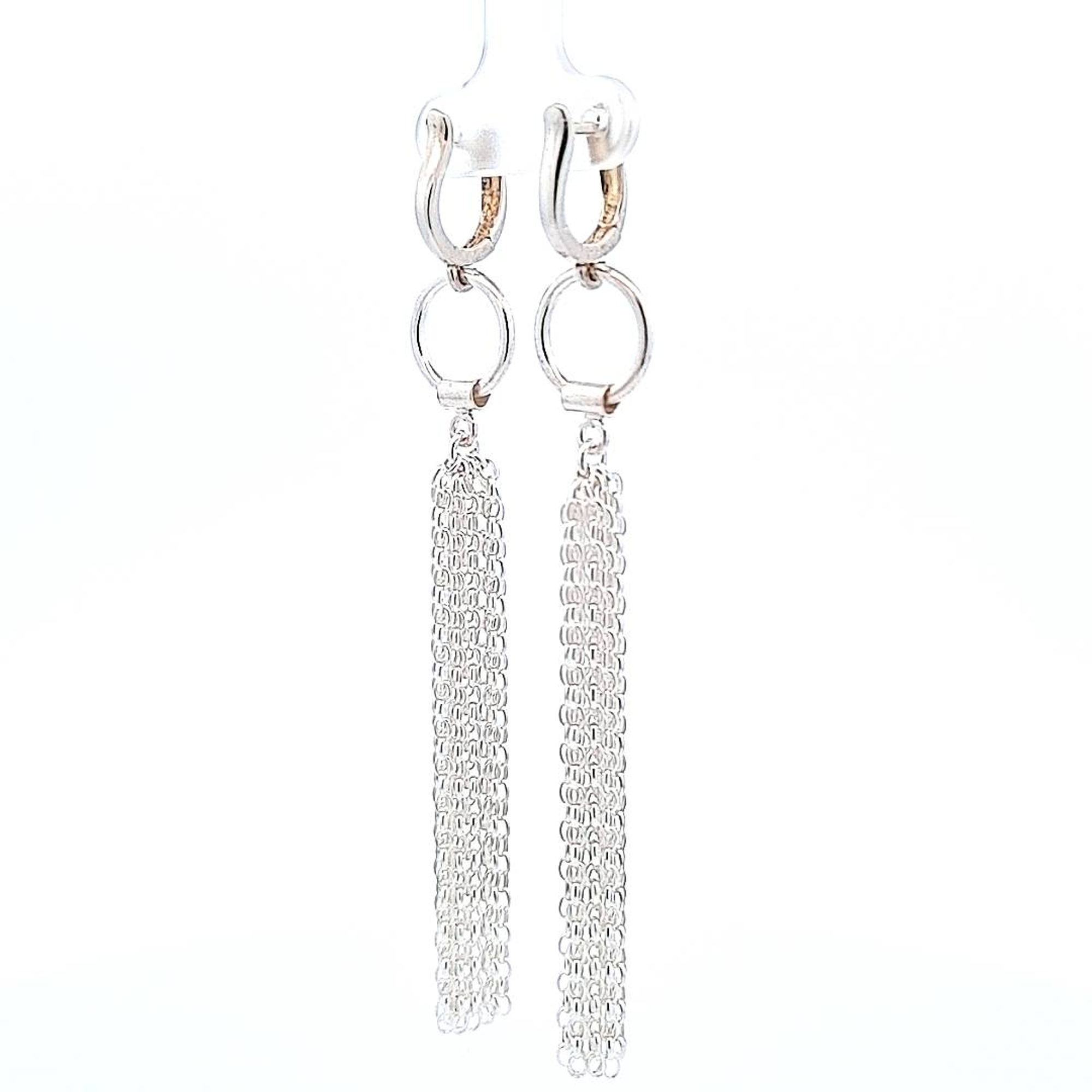 Magpie Gems' Silver Waterfall Tassel Earrings showcased on a pristine background, highlighting their graceful dangle.