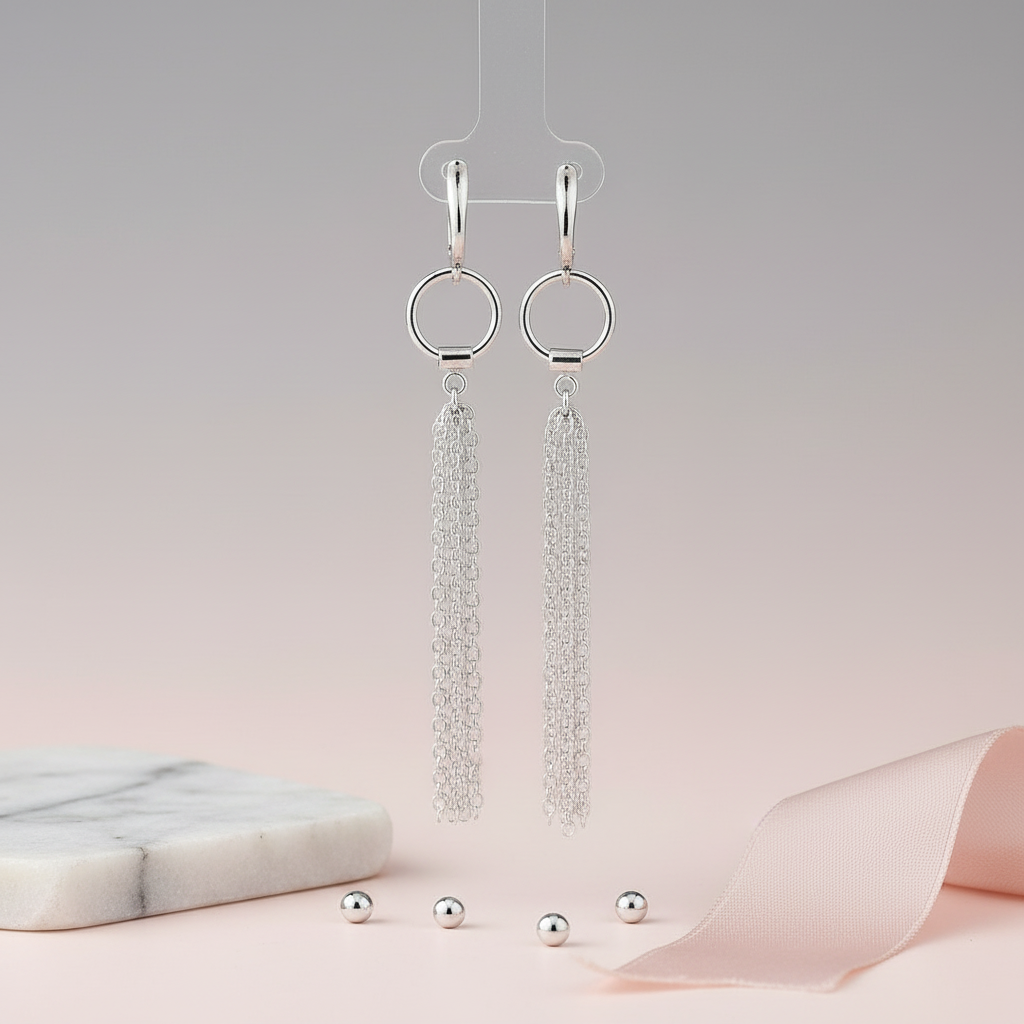 Magpie Gems' Silver Waterfall Tassel Earrings showcased on a pristine background, highlighting their graceful dangle.
